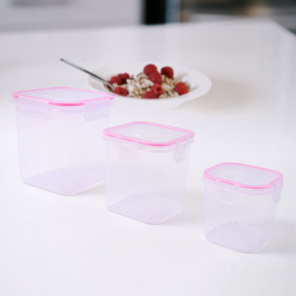 Clear airtight containers for kitchen storage of grocery and snacks