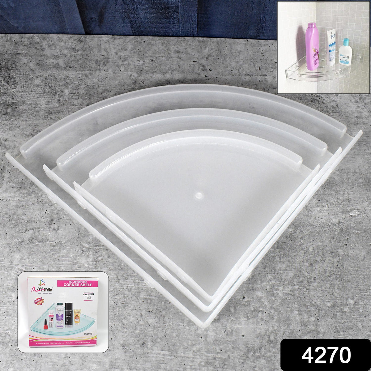 Wall-mounted plastic corner shelf holding shampoo and bath products.