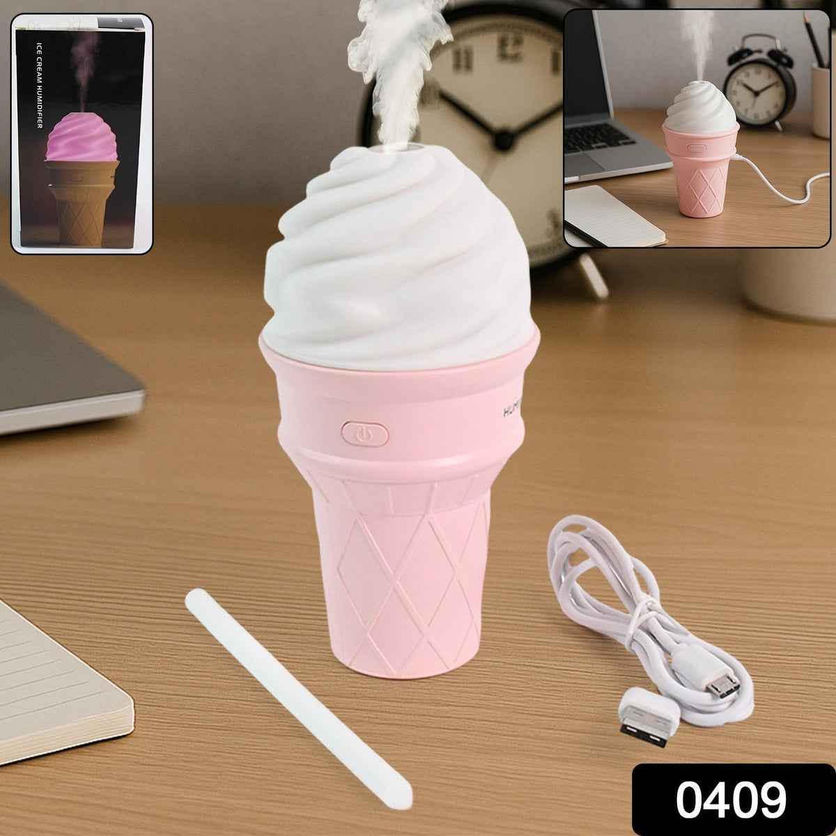 LED desktop humidifier in ice cream cone design showing mist and mood light