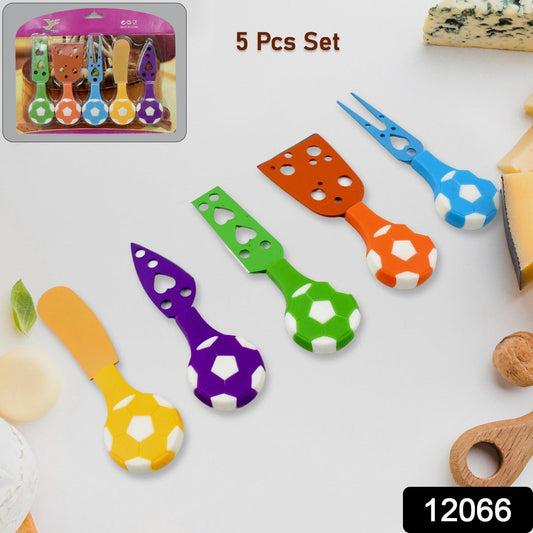 Collection of stainless steel cheese knives with football handles.